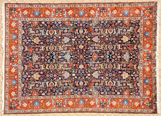 RUG NO	:	2
SIZE	:	403 x 297
TYPE	:	Antique 1910
DESIGN	:	Tabriz Khuy
CONTENT	:	Wool on cotton
BACKGROUND COLOUR	:	Blue
BORDER COLOUR	:	Red
                       