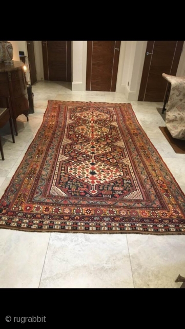 An antique large masterpiece khamseh  circa 1880  

370 x175 .few dogs in very corner.full pile and unusual ends Kilim .


available in London         