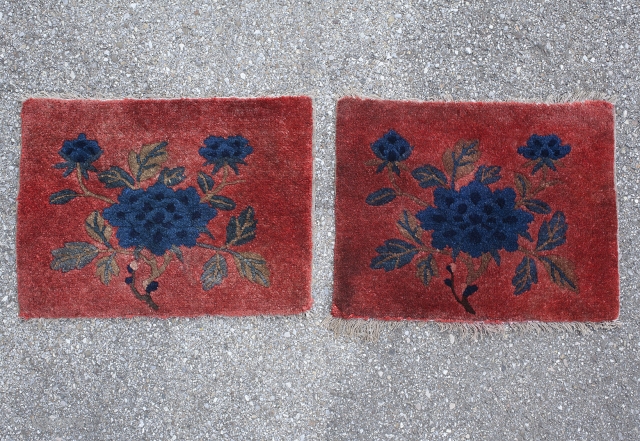 Lovely pair of Inner Mongolian seat maps. Warm red with blue peonies. 41*32 cm.                   