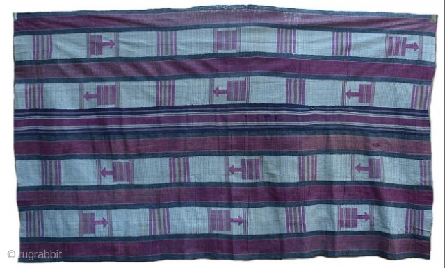 CODE #: AS361

Measurements: 71ins x 42ins, 180 cm x 107 cm

Very rare C19th wrapper cloth. Magenta trans-Saharan silk is used for both warp and weft in the plain strips making the cloth  ...