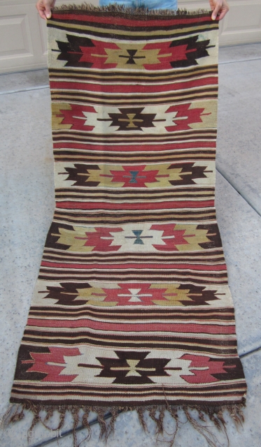 19th Century Southern Toros Mountain (İçel/Mut) Anatolian utilitarian kilim, "Runner" ... a very interesting small and attractive piece.  All natural vegetable and root dyes.  There are mosques numbers.

Size: 67 inches  ...