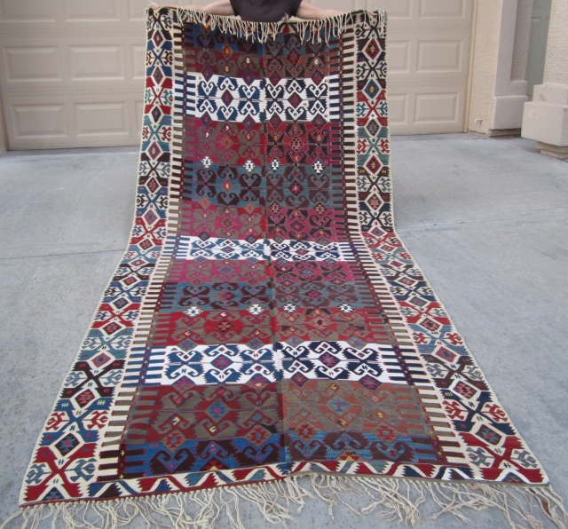 Mid-19th Century Central Anatolian (Malatya), Turkish utilitarian kilim. All natural vegetable and root colors... Cochineal, apricot, yellows, etc. A wonderful work with cotton and "silver thread" accent weaving.  Has some masterfully  ...