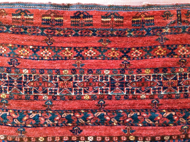 19th c. large, full pile Turkmen Ersari chuval in mint condition. All vegetal colors including green, yellow and apricot.
Size: 36" x 63"           