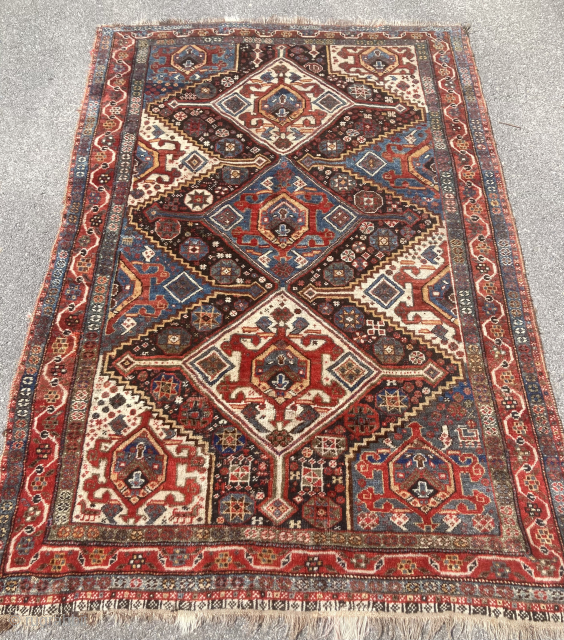 c.1900s Shiraz / Khamseh…….approx 4.1 x 6….good shape….can send more photos….checks drawn on U.S. banks preferred…..
Thanks to RR for providing this site….Ed Briggs ….   ed_briggs@yahoo.com      