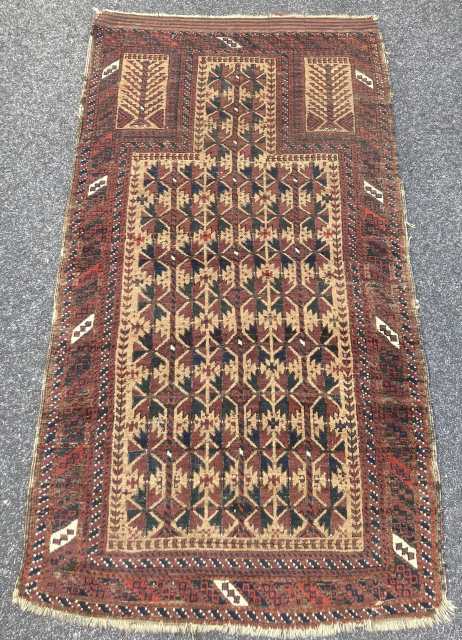 c.1890 Belouch prayer rug measuring approx 3 x 5.7…..field is fine (lt. wear); edges need attention…checks drawn on U.S. banks preferred….thanks to RR for providing this site….
Ed Briggs…….. 207 967 3357 or  ...