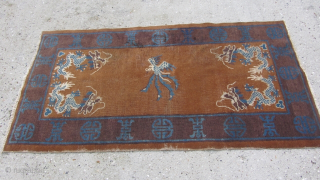 Art Deco 20C Chinese Peking wool woven dragon rug.
Chinese wool dragon rug, hand woven, has 4 dragon and Phoenix in center with auspicious symbols around the frame, in its original vintage condition,  ...
