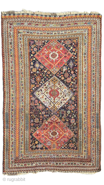 
Antique Qashqai tribal rug in very good condition, 1880 ca,

Great detailed design with lots of zoomorphic patterns and tribal motives.

Great combination of colors, and elaborate borders run with intricate motifs.

size cm 220x140  ...