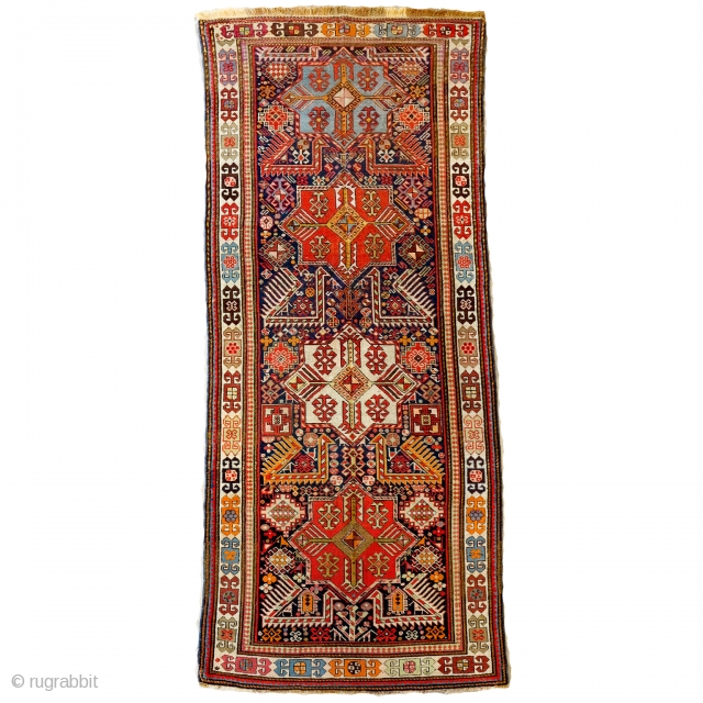 Akstafa, old repair, some not natural dyes (orange) but pretty. Some old repair. good condition and walkable. cm 295x116              