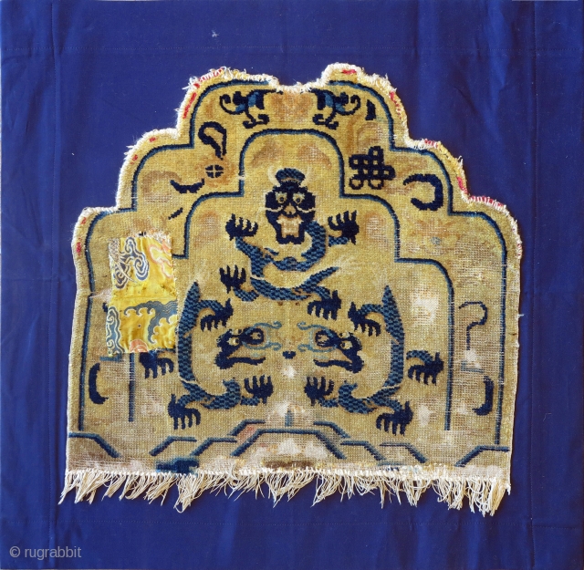 Very attractive Ningxia throne back. The hole is covered with a Ming silk brocade probably from a very important robe. 1800 or earlier.  The piece is mounted on canvas. super dragons.  ...