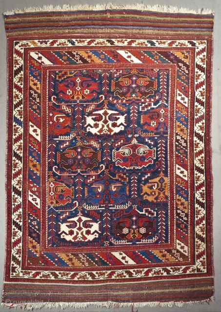 Afshari cm 190x130 ca. Original Kilim, great design, some worn areas and oxhided brown.Professionally cleaned.                  