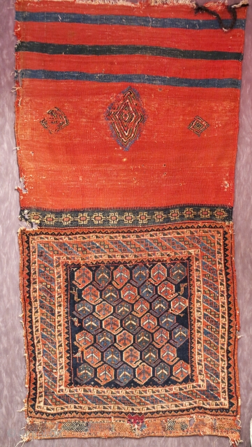 A lovely 1880 Afshar Khorjin with beautiful colors and a super back kilim. Some holes  but a great piece. for other images, please ask        