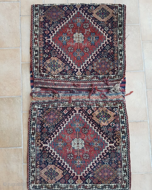 Qashqai khorjin complete. fine weaved kilim and sumakh; soft colors, crisp design. some little spots without pile.
                