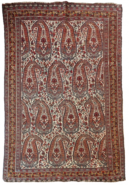 Khamseh, 1880 ca, some old repair and some to do!
Professionally washed 
For other pics please PM.
Size ca 190x125               