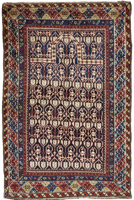 Shirvan Konaghend prayer rug. Early XX century, full pile, just a small repair on the top. Unusual border for this type usually with kufic border.Size 190x125 ca      