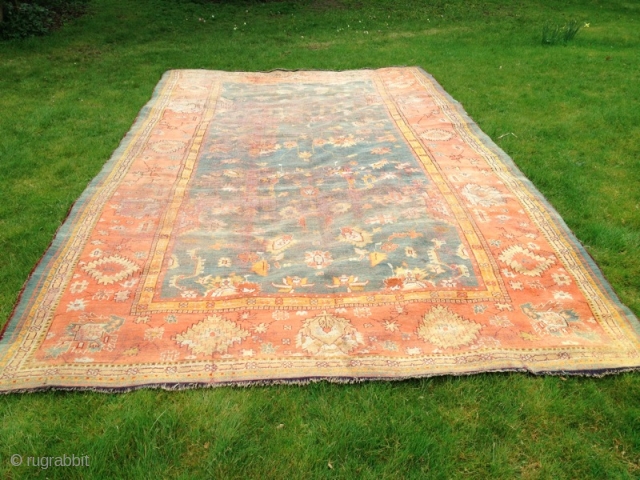 Wonderful worn old man ... This 19th century Turkish Ushak carpet has lived a life; however it has been brought back from the brink. The warps and wefts have been re-woven, various  ...