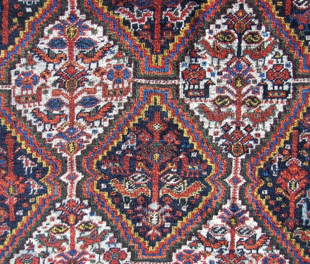 Khamseh bird rug, good overall condition. ca. 205 cm. x 155 cm. Old, wool on wool, full   pile, no low area s ,no stains, handwashed, cleaned, ca. 3 small restorations.  ...