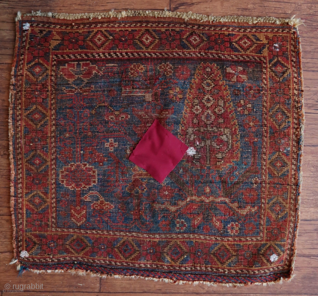 Origin Unknown, . Wool on wool, some latex on the backside ( white.) Ca; 65 x 60 cm . a tree or shrubbery ? Not sure. Border with lozenges. Lots ...