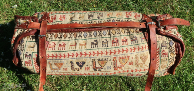 Tribal,Qashqai ,Qashqa'i, Qashqay, Kashkai, Kashkay, Qashqayı, Gashgai, Gashgay, Ghashghaei .Small Mafrash, Beddingbag, Rakhtekhab .Wool on wool, leather, l x w x h ; 60 x 25 x 26 cm. . With a  ...