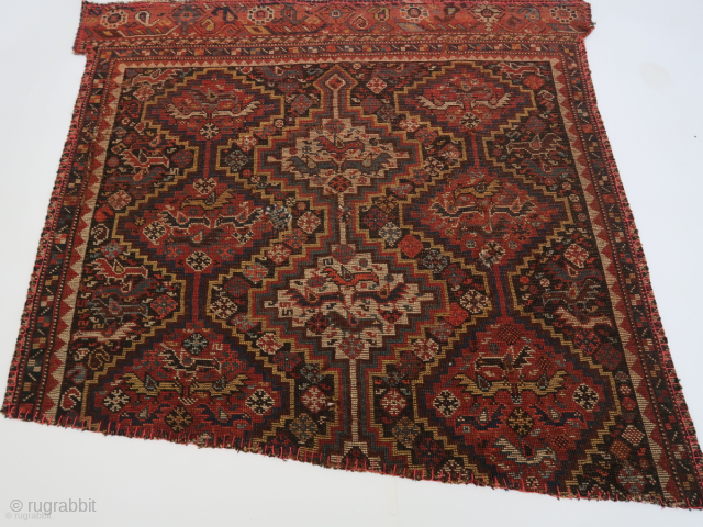 Fragment, South Persian Tribal ? , Wool on wool, three rows of rhombics placed vertically on the central field filled with several types of birds. ca : 97 cm . x 104  ...