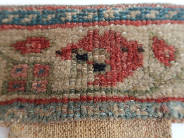 Fragmented bag, pouch, tutundan . Ca : 19,5 cm x 20,5 cm . wool, cotton, hole. 
Kurdish ?  Central Asian ? .          