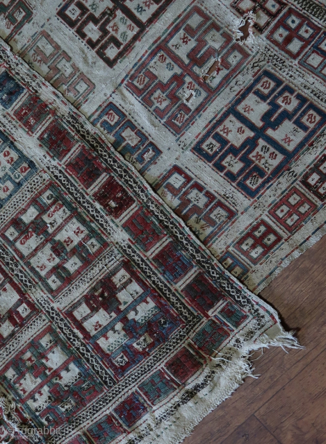 Caucasian Zili, Verne, Verneh, . Fragment ( holes ) Wool on cotton, ca; 165 x 110 cm. Origin ; bought on RR. Price 195,oo Euro s ex transportcosts. ...