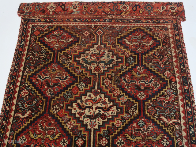 Southwest persian tribal fragment. Wool on wool, some stuffed holes . Great colors. 
ca : 97 cm . x 104 cm. lightweight.           