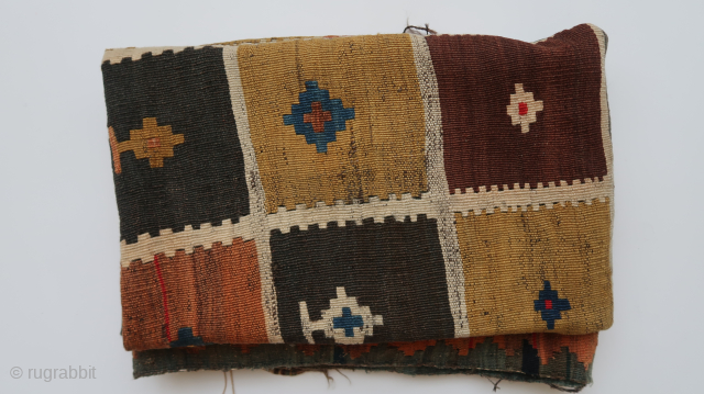 Kilim, Flatweave, ca ; 245 cm x 147 cm. Wool on Wool.  Some old water run. ( rain. Decades ago.) Fine weave, clean. Whites are cotton ... Affordable . Can be  ...
