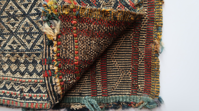 Qashqai,shisheh dermeh weaving technique from the Dareh Shuri tribe , half Khorjin ,wool, cotton, fragmented. Ca; 58 cm. x 92 cm . ( opened.) Ca ; 23 inch. x ...