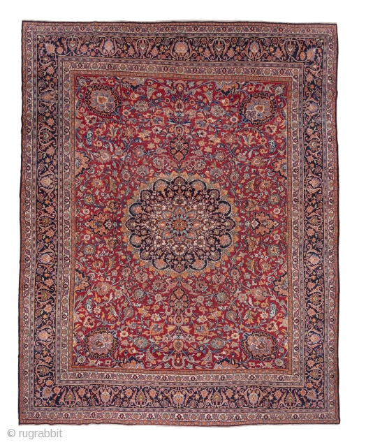 Khorassan Meshed Carpet

13.6 x 17.5
3.84 x 5.33

The deep red field centers the 16 lobed circular navy medallion with an ivory sub-medallion and elliptical navy field corners with flame edges.  The   ...