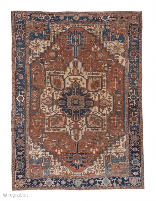 Heriz Carpet

10.2 x 13.8
3.10 x 4.20

This all natural dye, NW Persian rustic caroet displays a large ivory octogramme medallion with a dark blue submedallion and  ragged palmette pendants, all on a  ...