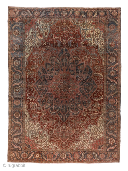 Heriz Carpet

10.3 x 14.1
3.13 x 4.29

An unusual green bent leaf and rosette border tonally matches  the large, elaborately pendanted, strapwork medallion. Quasi-three dimensional strapwork is repeated in the ivory corners. The  ...