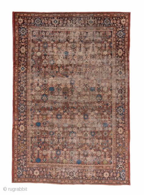 Mahal Carpet

8.6 x 12.7
2.62 x 3.87

This shabby chic condition carpet shows a madder field with larger and smaller rosettes, little botehs and chevron-detailed palmettes. The corroded brown border shows a classic turtle  ...