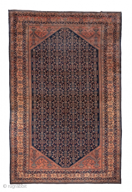 Lilian Carpet

12.3 x 19.0
3.74 x 5.79

This Hamadan area roomsize has a dark blue  octagonal subfield edged with tiny botehs and a classic Herati design overall. Double vases with jagged leaves decorate  ...