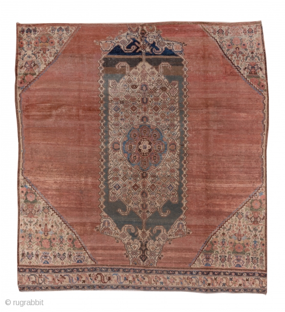 Malayer Carpet

9.5 x 10.4
2.89 x 3.16

Now wsith excised side borders, this west Persian rustic carpet displays a serrated ivory and green cartouche medallion on an attractively abrashed plain soft red ground. Birds  ...