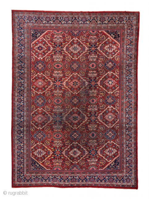 Mahal Carpet

10.4 x 14.3
3.16 x 4.35

The properly abrashed madder red field presents three columns of four large, ivory open lozenges centred by ivory ragged lozenges. Attractive polychrome leafy plants  are   ...