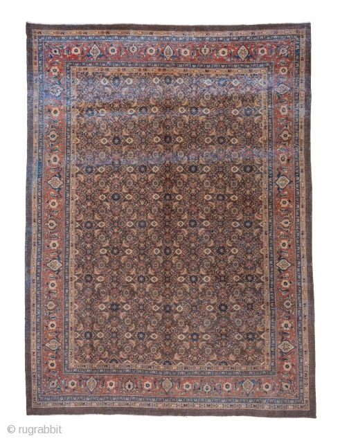 Mahal Carpet

8.9 x 12.0
2.71 x 3.65

A classic small pattern Persian allover Herati pattern fills the medium bark brown field of this west Iranian village carpet. The caramel tone main border shows simple  ...