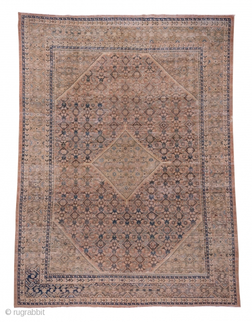 Mahal Carpet

9.8 x 12.9
2.98 x 3.93

The tan hexagonal field displays a variant on the Herati design, and the pattern continues into the diamond-shaped medallion and triangular corners. The abrashed brown border has  ...