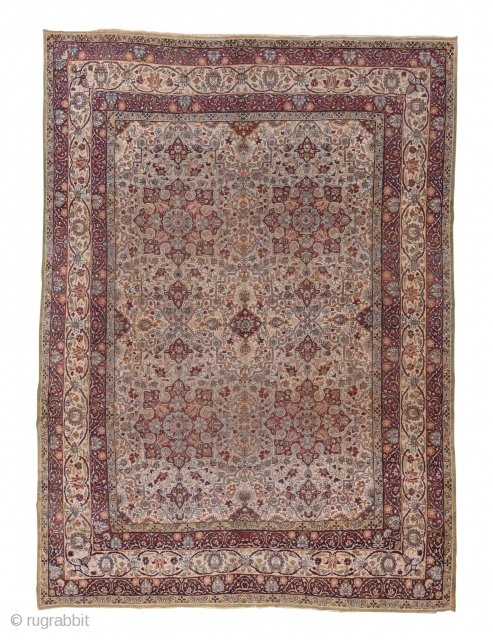 Kerman Carpet

9.0 x 12.0
2.74 x 3.65

On an old ivory field are set four eight-point red star medallions around which swirl flowering vines. The ivory main border of this SE Persian city carpet  ...