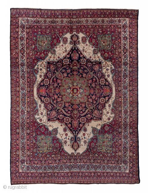 Kerman  Carpet

9.7 x 12.10
2.95 x 3.68
 
Traditionally termed  'Lavar', this SE Persian urban carpet has a huge, layered, all navy medallion exploding out of the ecru field and only constrained  ...