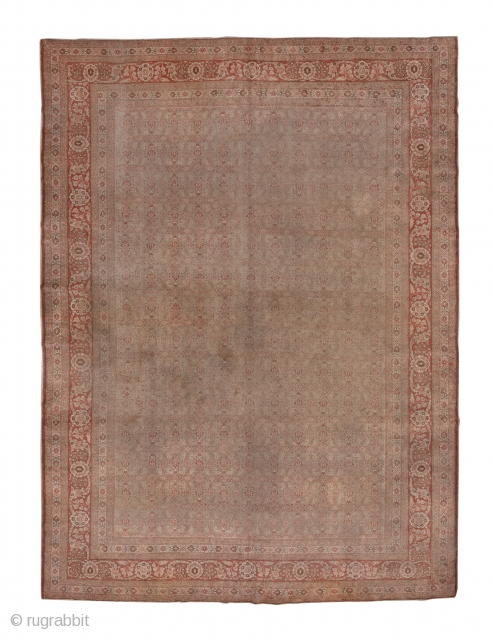 Tabriz Carpet

11.0 by 14.10
3.35 x 4.29

The beige field is closely covered by a small scale allover Herati pattern set within  a  border system including two ivory minors with pentagonal   ...