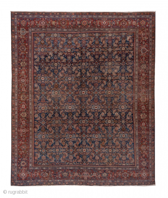 Mahal Carpet

10.8 x 12.9
3.29 x 3.93
 
The attractive abrashed cerulean blue field is neatly covered by a medium scale allover classic Herati pattern detailed in rust, ivory and green. The rust border  ...