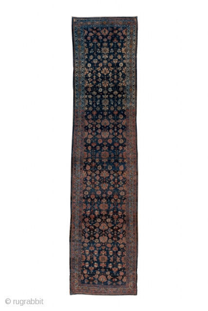 Malayer Runner

3.2 x 13.7
0.97 x 4.17

This somewhat worn west Persian village runner displays an allover  pattern of two-way flowers, fan palmettes, little botehs and floating rosettes on a medium-dark blue field.  ...