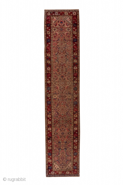 Karabagh Runner

3.1 by 14.9

The wine red main border displays ac colourful "crab" pattern and surrounds the rather worn   khaki field with its polychrome, elaborate Herati design.  This attractive south  ...