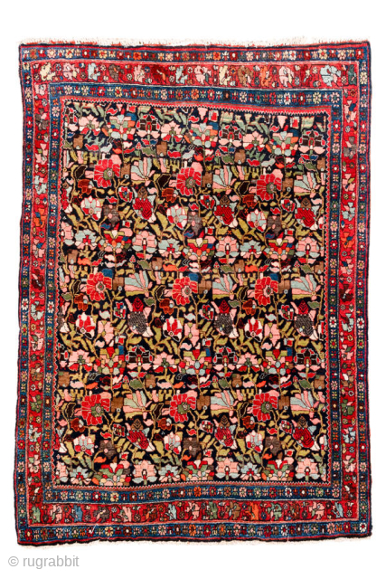 Antique Persian Bidjar Rug, circa 1910. Featuring a dense allover floral design on a dark ground with rich red and ivory accents, framed by a classic Herati border. Exceptionally sturdy weave with  ...