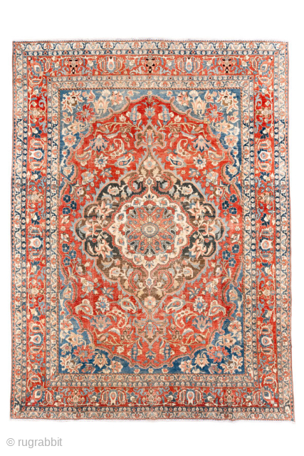 Antique Persian Bakhtiari Carpet, circa 1900. Featuring a large central medallion on a vibrant red field with soft blue, ivory, and brown accents, framed by a richly detailed floral border. Lush, decorative  ...