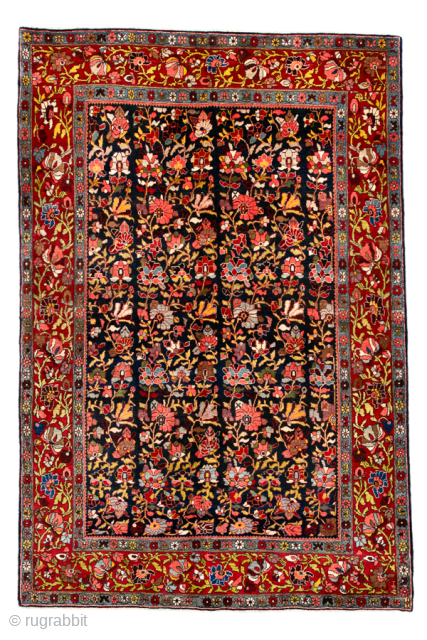 Antique Persian Bidjar Rug, circa 1920. Featuring an allover floral design on a deep navy field with vibrant red borders and richly saturated jewel tones throughout. Dense, finely drawn patterning and exceptional  ...