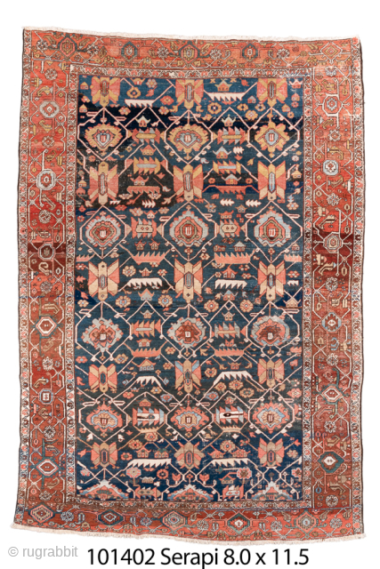 Antique Persian Serapi Carpet, Circa 1900. Distinctive allover lattice pattern woven across a deep indigo field and framed by a richly ornamented coral-red border. 

8' x 11'5"

Item No: 101402    