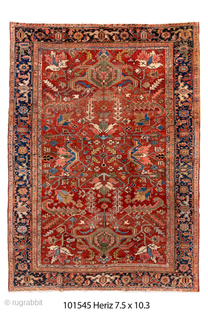 Antique Persian Heriz Carpet, Circa 1900. Striking allover geometric Tree of Life design woven across a richly colored brick-red field with a deep indigo border. Balanced composition and architectural presence make it  ...