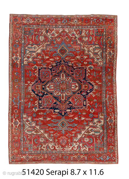 Antique Persian Serapi Carpet, Circa 1900. Bold navy-centered medallion set within a vibrant brick-red field framed by an intricately patterned border.

8'7" x 11'6"

Item No: C51420        