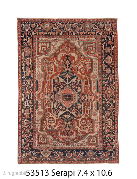 Antique Persian Serapi Carpet, Circa 1900. Bold geometric medallion design set against a warm ivory and coral field framed by a richly detailed navy border.

7'4: x 10'6"

Item No: C53513    